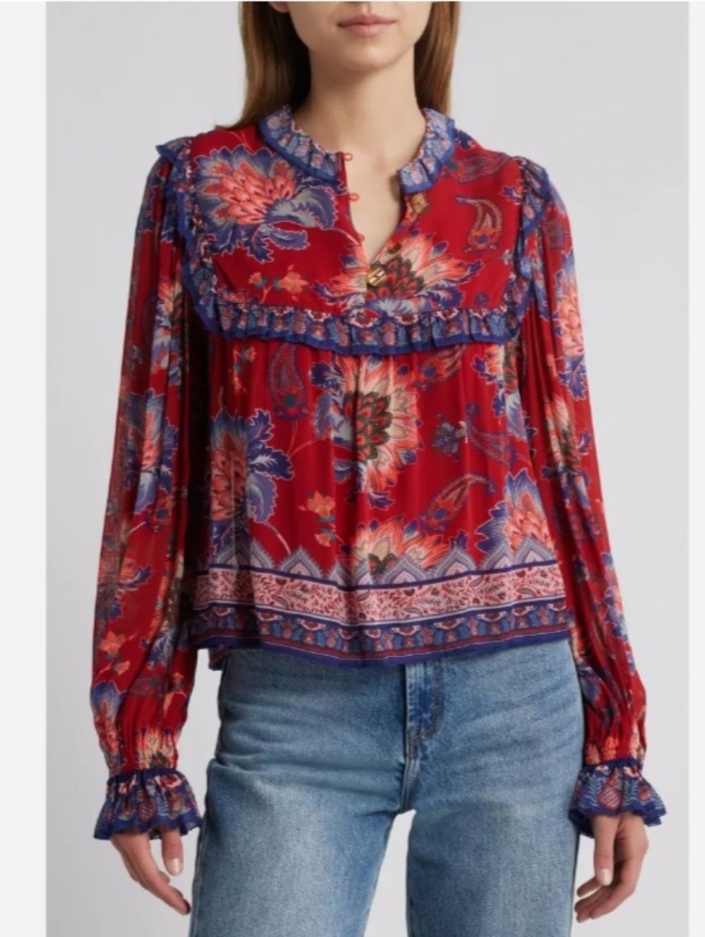 Farm Rio Luang Long Sleeve Popover Top  In Luang Red S NWT